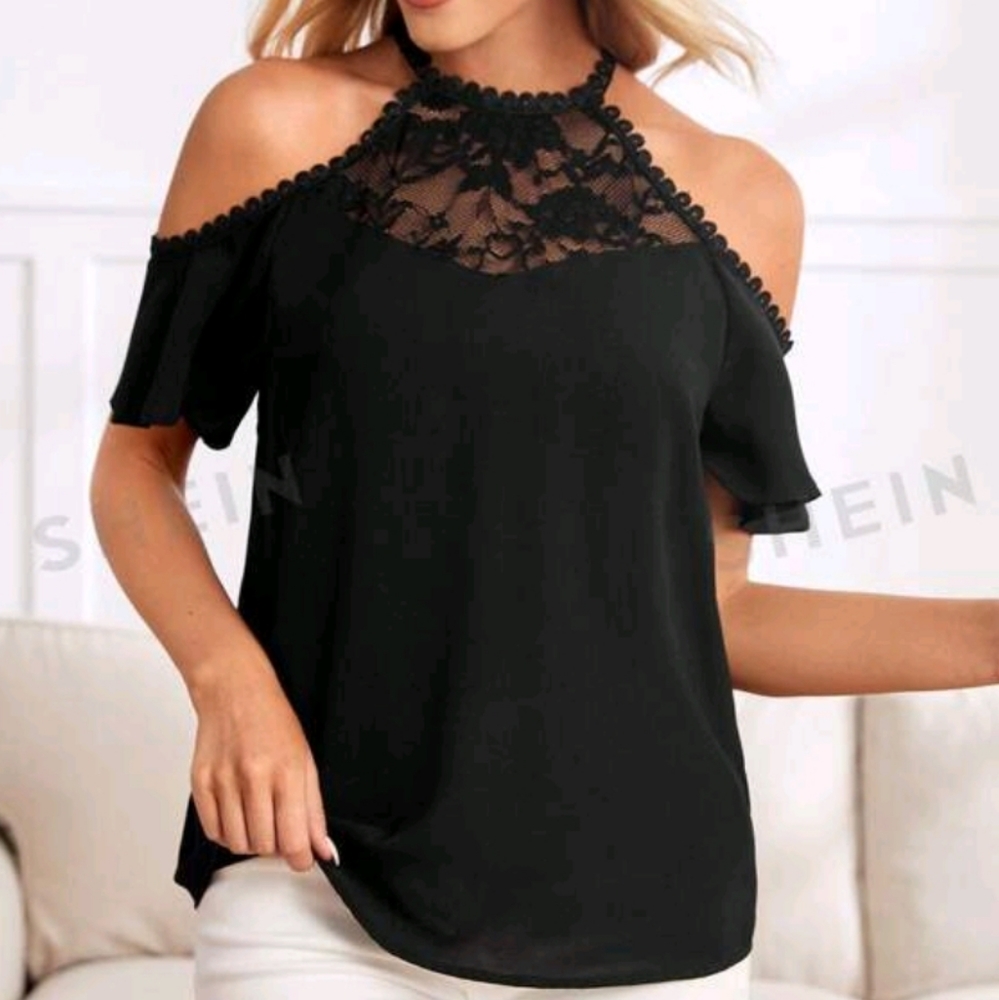 Emery rose SHEIN XXL lace high neck cold shoulder top